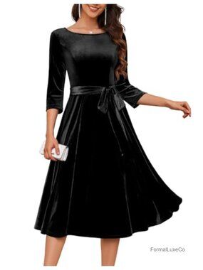 Velvet A-Line Cocktail Dress 3/4 Sleeve Midi Wedding Guest Fall Winter